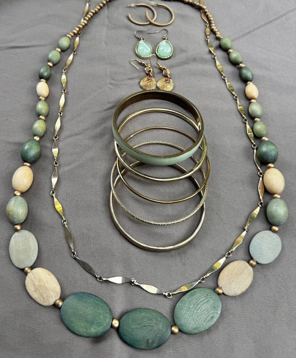 Sage Green & Gold Boho Jewelry Bundle | Wood Bead Necklaces, Bangles & Earrings